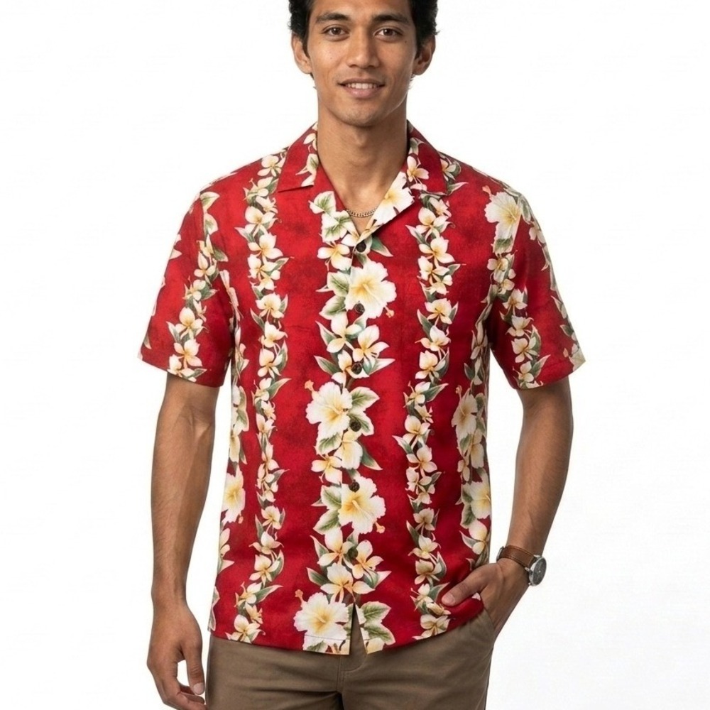 Royal‎ Hawaiian Creations Shirt M Red Floral Lei Cotton Made in Hawaii Aloha